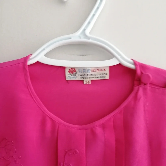 Vintage Peony Pure Silk Hand Embroidered Pink Long Sleeve Blouse Size 34 Small - Picture 11 of 17